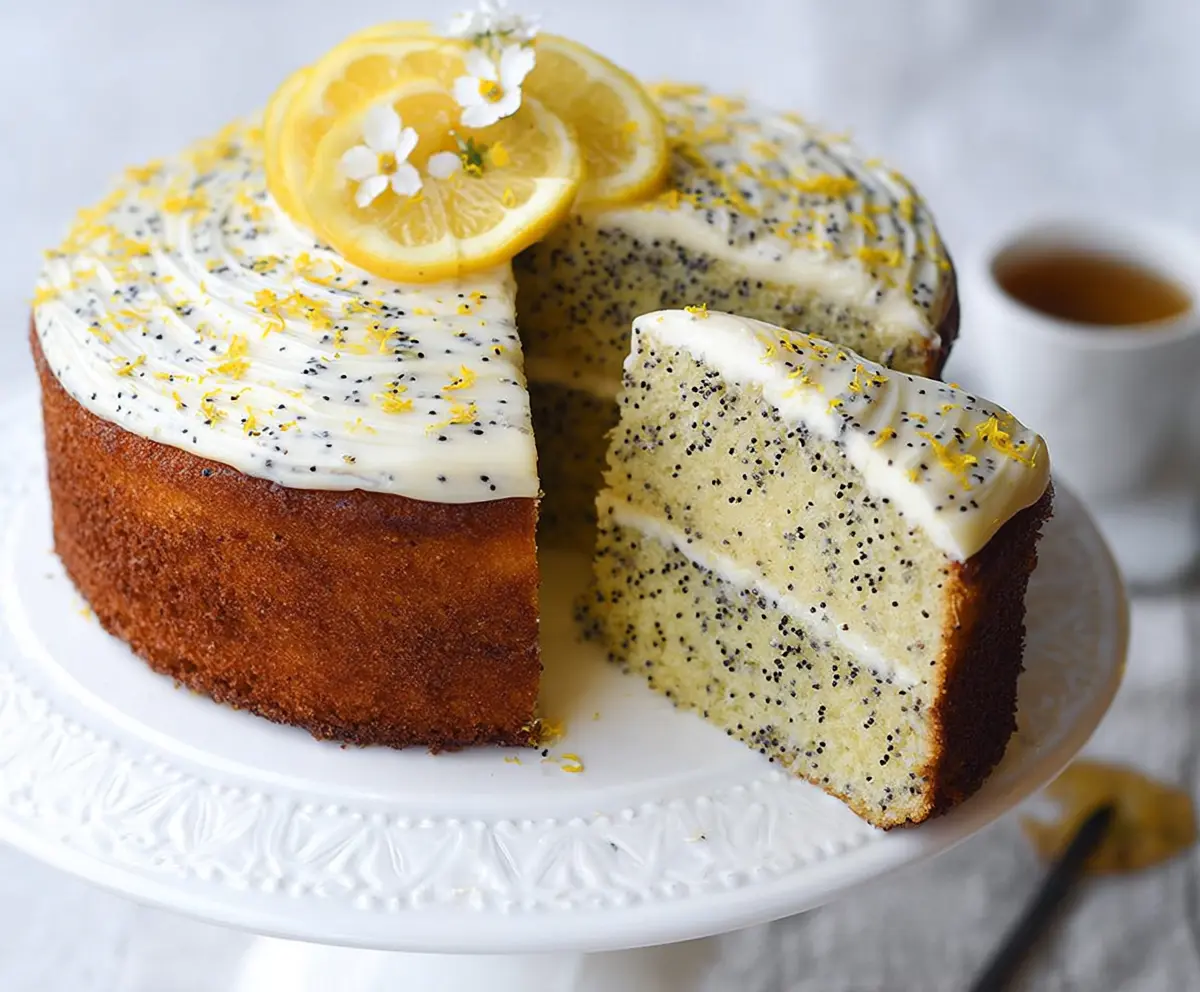 Delicious Lemon Poppy Seed Cake with a bright lemon glaze and poppy seeds on top.