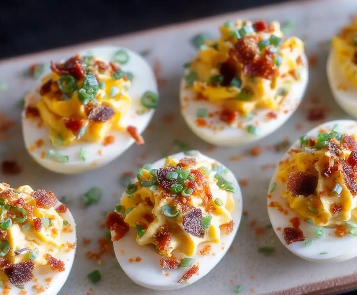 Loaded deviled eggs garnished with herbs and paprika for a flavorful appetizer.