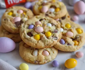 Delicious Mini Egg Cookies fresh out of the oven with colorful chocolate eggs on top