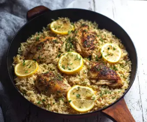 Delicious one-pan lemon herb chicken and rice served on a plate, garnished with fresh herbs.