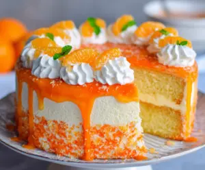 Delicious Orange Creamsicle Cake with vibrant orange and creamy frosting topping.