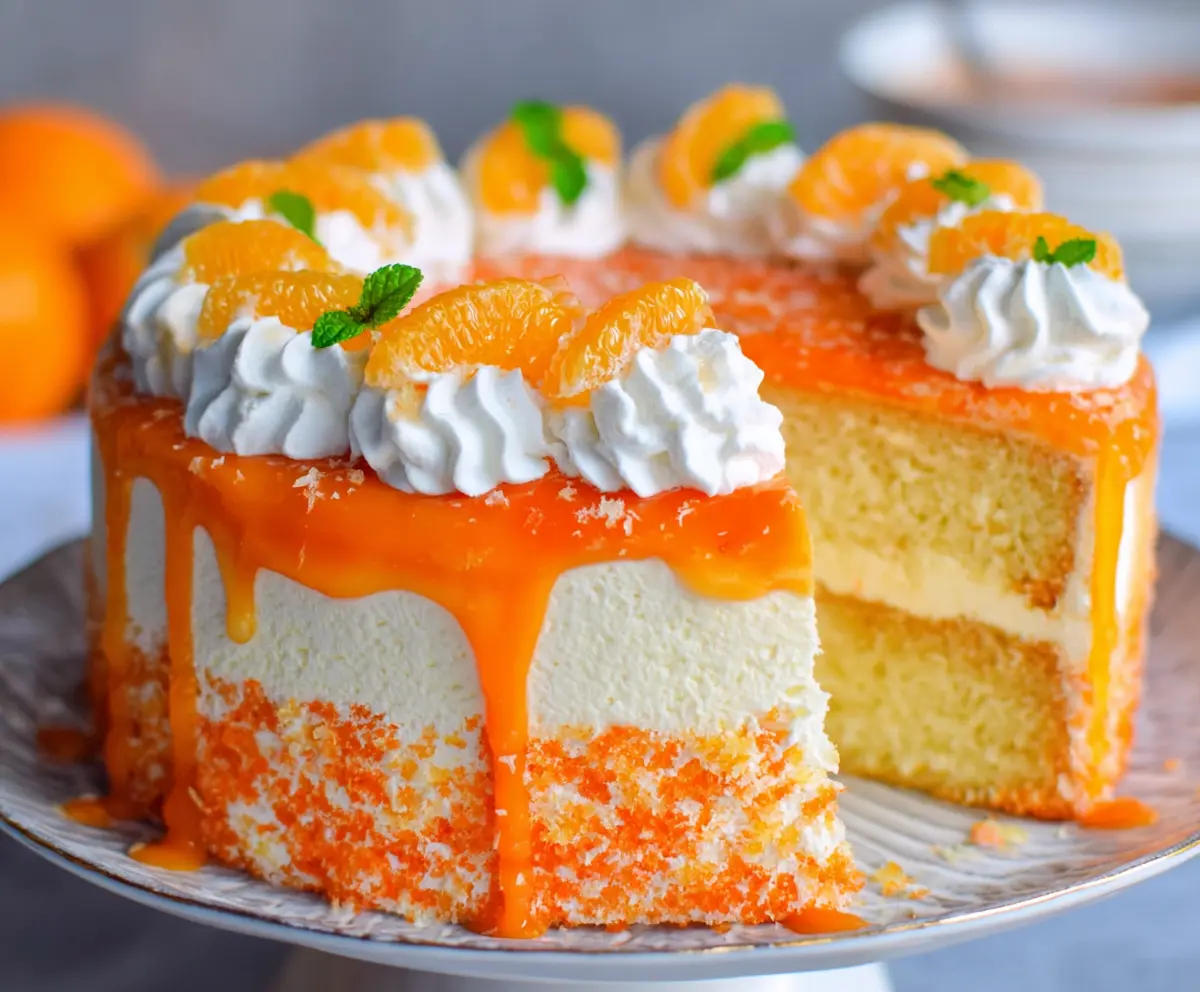 Delicious Orange Creamsicle Cake with vibrant orange and creamy frosting topping.