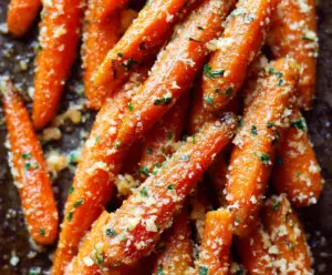 Golden roasted carrots topped with Parmesan cheese and garlic for a flavorful side dish.