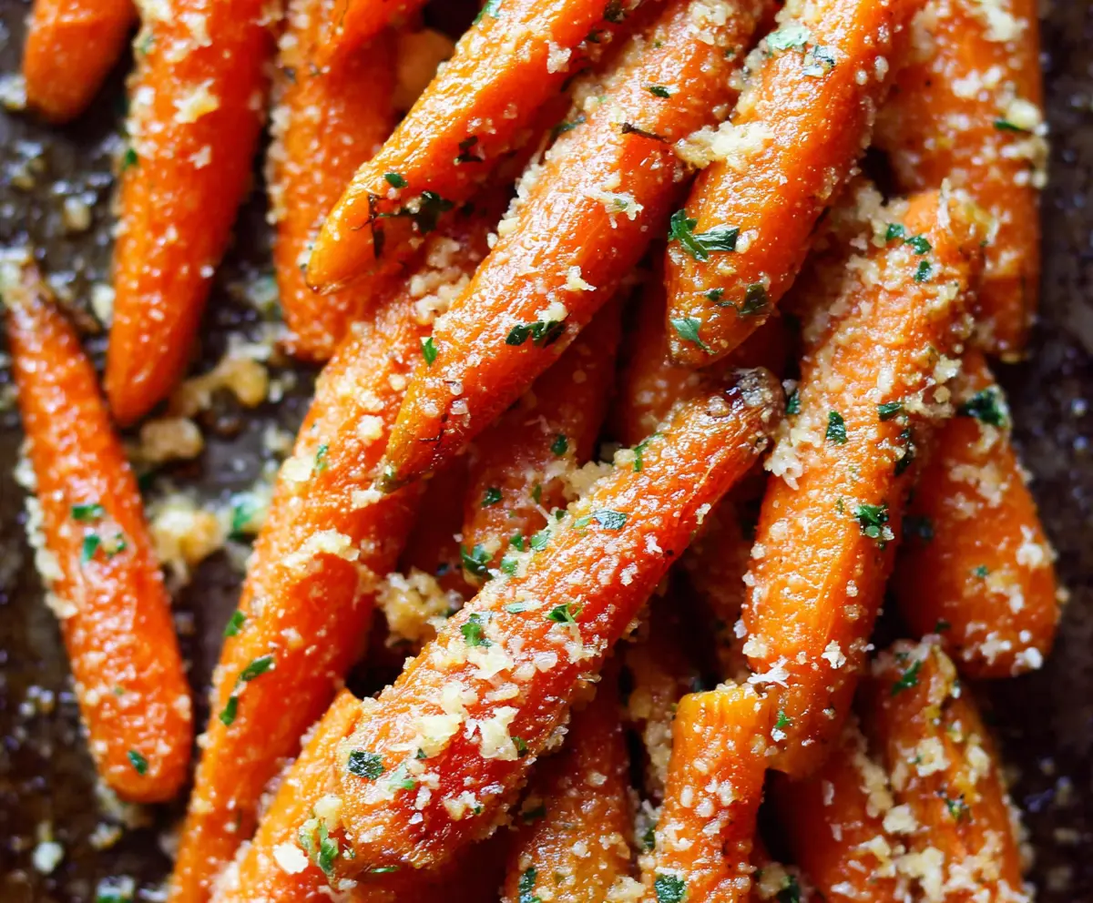 Golden roasted carrots topped with Parmesan cheese and garlic for a flavorful side dish.