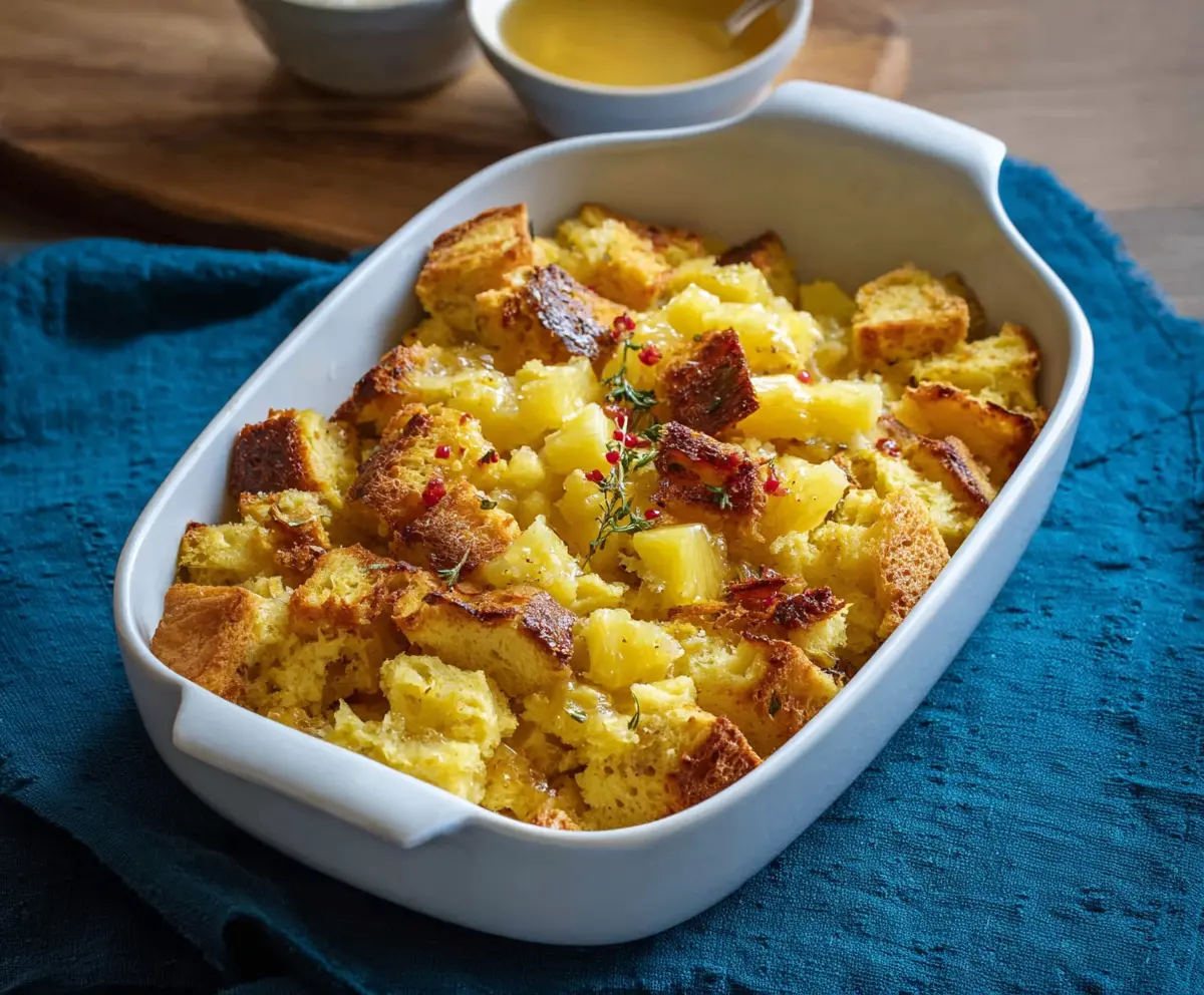 Delicious pineapple stuffing served as a colorful side dish for holiday meals.