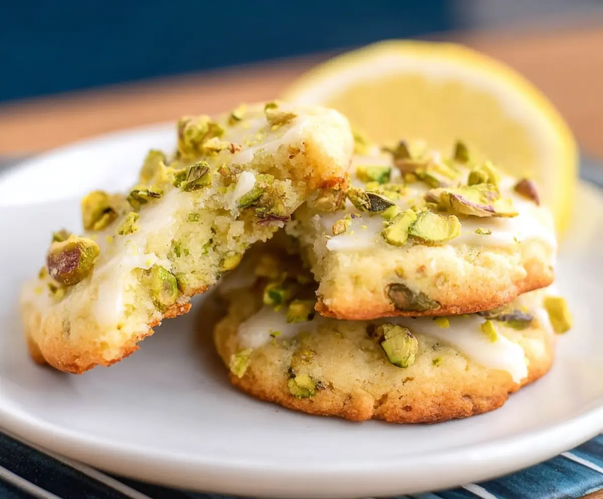 Delicious Pistachio Lemon Cookies with vibrant green pistachios and zesty lemon flavor on a baking tray.