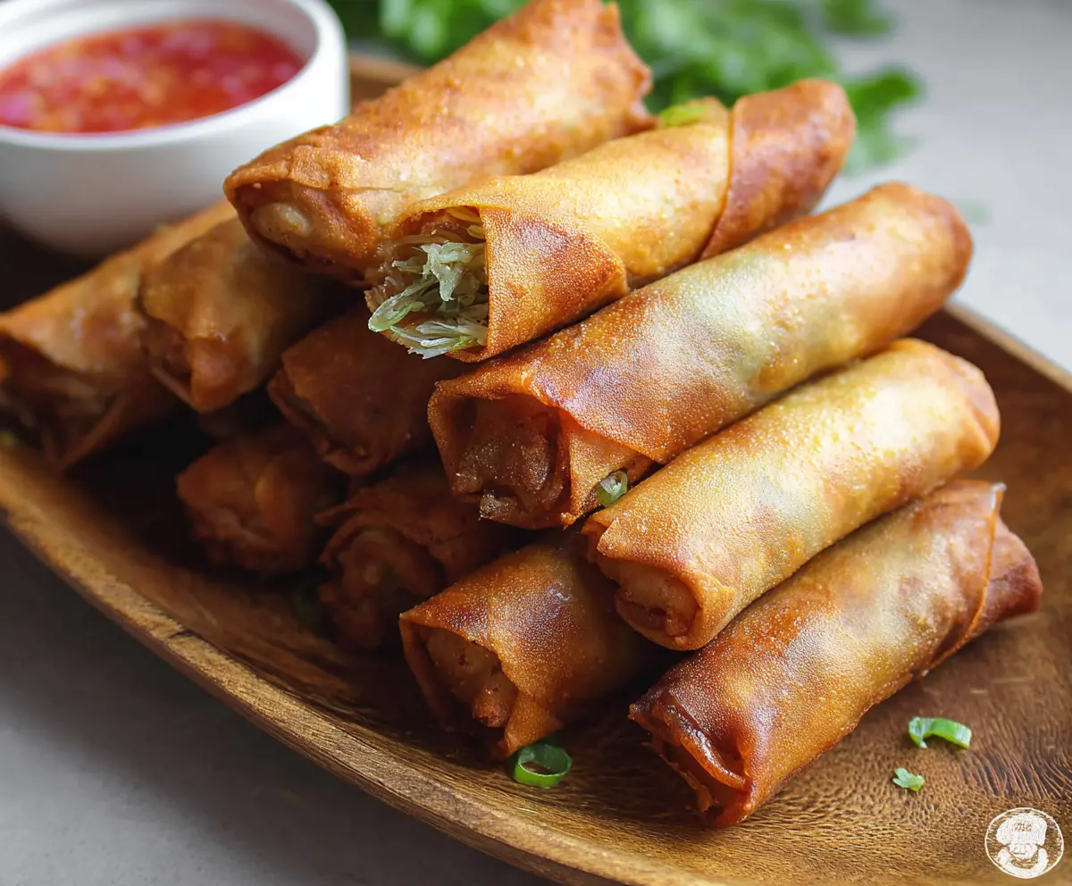 Crispy pork lumpia served with dipping sauce on a plate