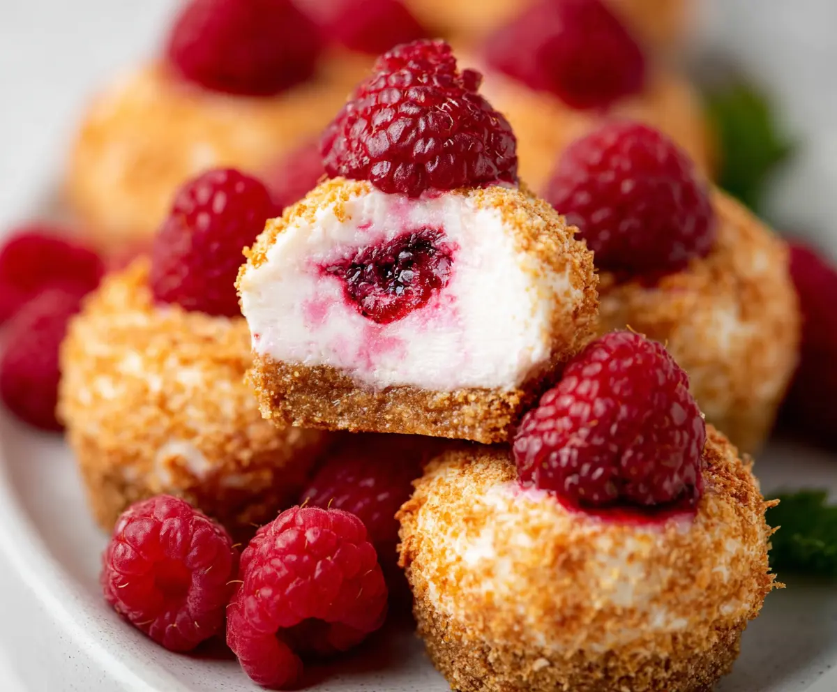 Delicious Raspberry Cheesecake Bites garnished with fresh raspberries on a white plate.