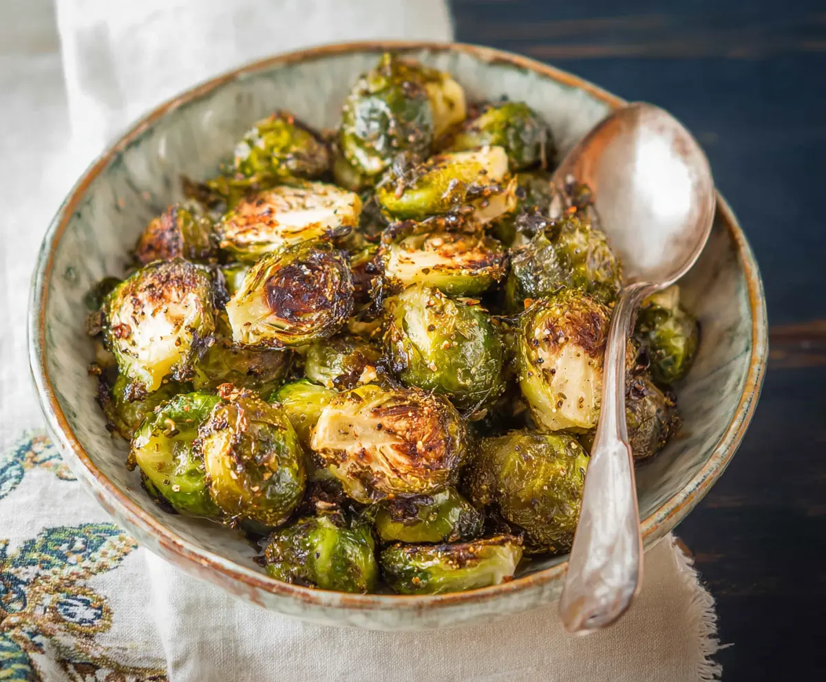 Delicious roasted Brussels sprouts with crispy edges and golden-brown color, perfect as a healthy side dish.