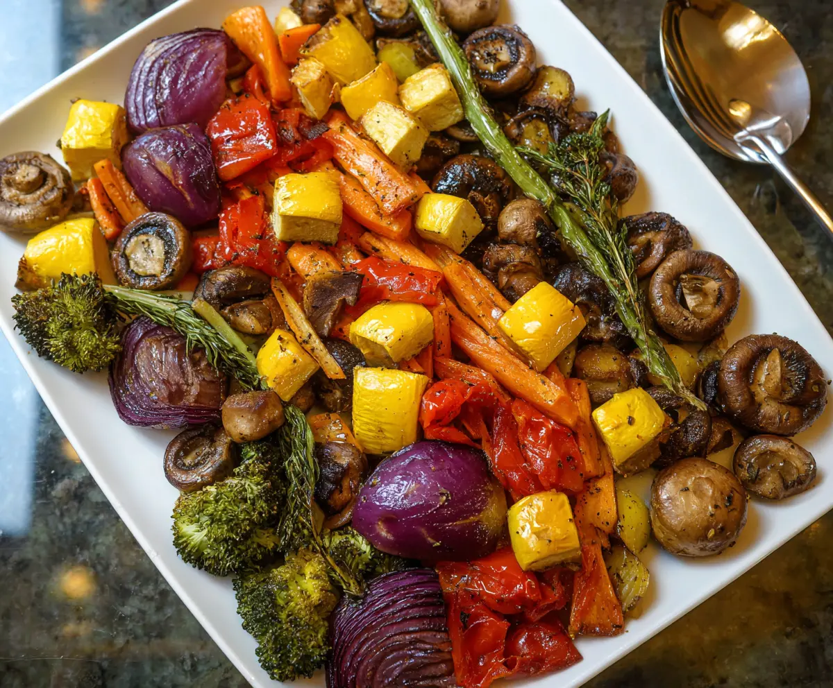 Colorful roasted vegetables on a baking tray, fresh from the oven, perfect for a healthy meal.