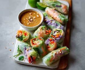 Fresh salmon spring rolls with colorful vegetables and peanut sauce on a white plate.