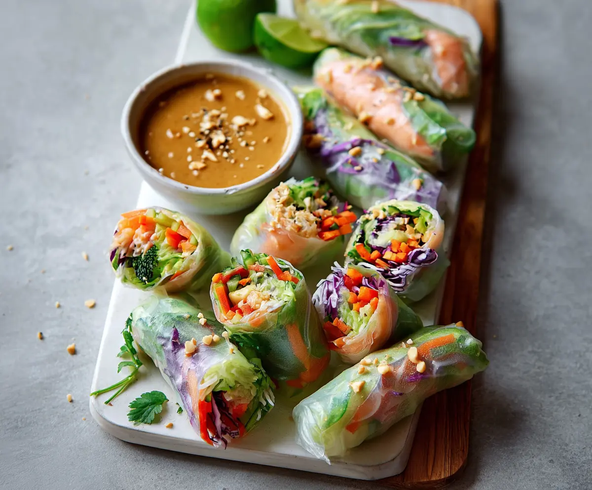 Fresh salmon spring rolls with colorful vegetables and peanut sauce on a white plate.