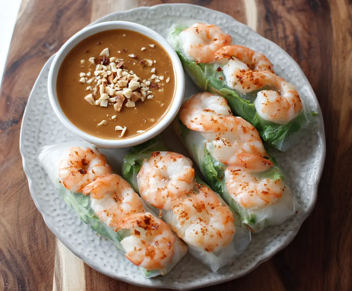 Fresh shrimp spring rolls wrapped in rice paper with vegetables and served with peanut sauce.