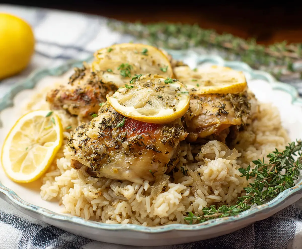Delicious slow cooker lemon herb chicken served with fluffy rice, perfect for a flavorful dinner
