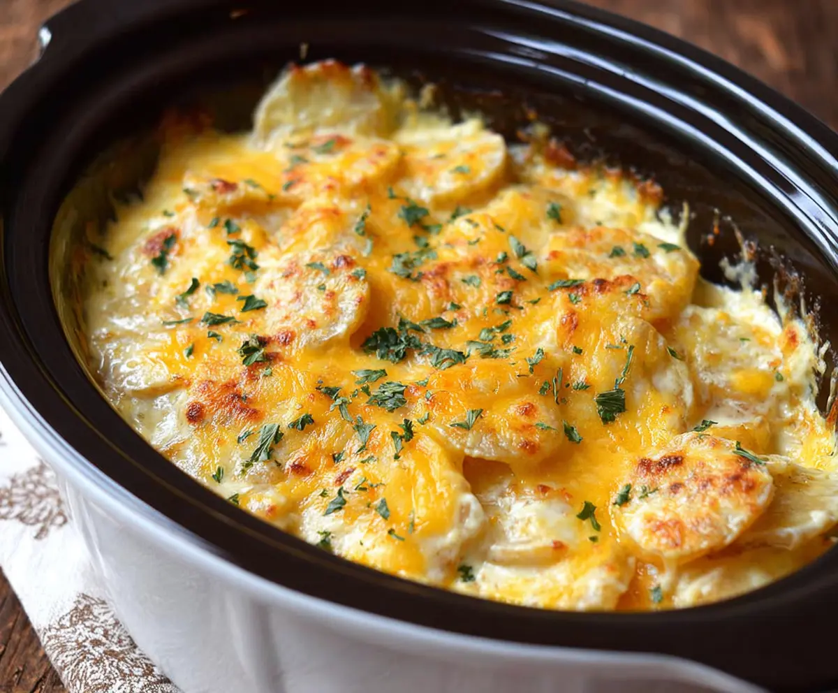 Delicious slow cooker scalloped potatoes with creamy cheese topping, perfect for a comforting meal.