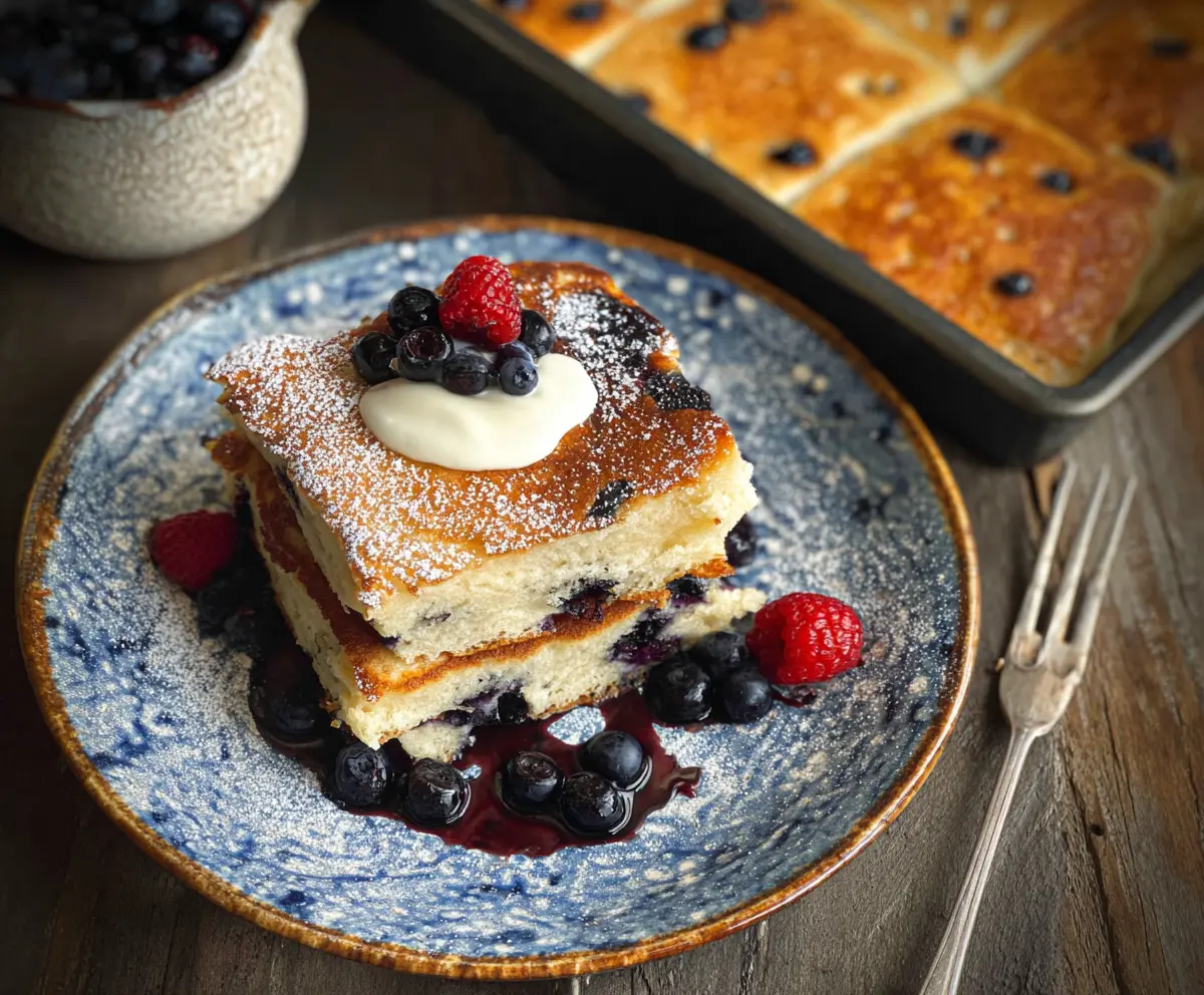 Healthy sourdough discard sheet pan pancakes served on a breakfast plate with fresh fruit.