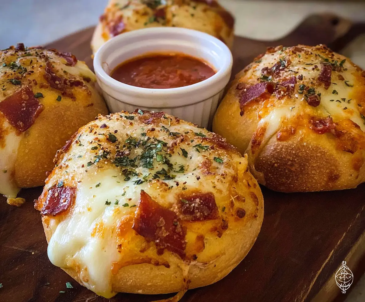 Delicious sourdough pizza bombs filled with melted cheese and tomato sauce, perfect for a savory snack.