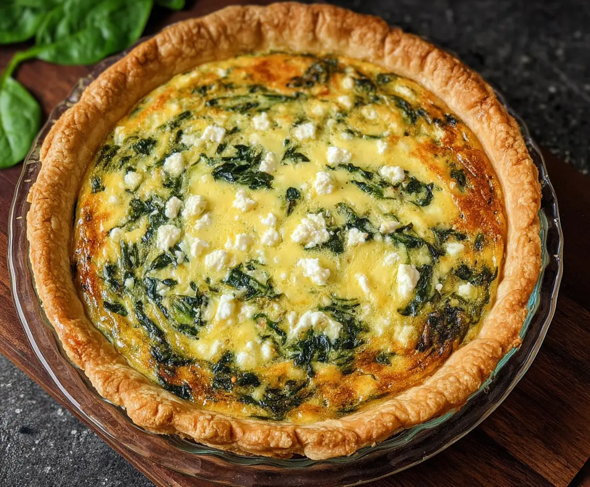 Delicious spinach and feta cheese quiche served on a plate, perfect for brunch or lunch.