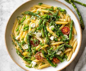 Colorful spring vegetable pasta with fresh asparagus, cherry tomatoes, and zucchini in a light sauce.