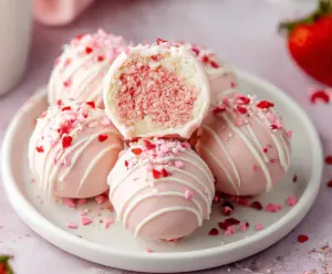 Delicious strawberry cake balls garnished with fresh strawberries for a sweet treat.