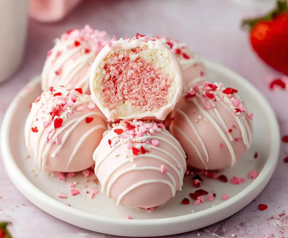 Delicious strawberry cake balls garnished with fresh strawberries for a sweet treat.