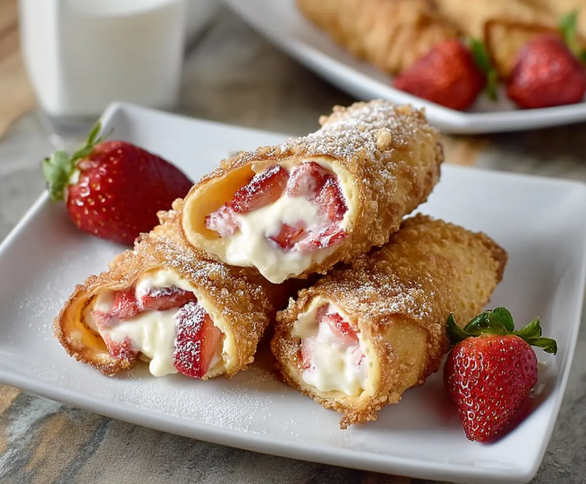 Delicious strawberry cheesecake egg rolls with fresh strawberries and creamy filling served as a sweet dessert.