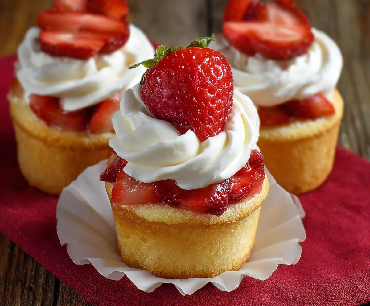 Delicious strawberry shortcake cupcakes topped with fresh strawberries and whipped cream.