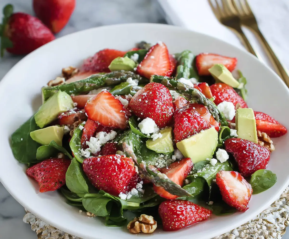 Fresh Strawberry Spring Salad with mixed greens and almonds in a glass bowl