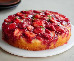Delicious Strawberry Upside Down Cake with fresh strawberries and caramelized topping