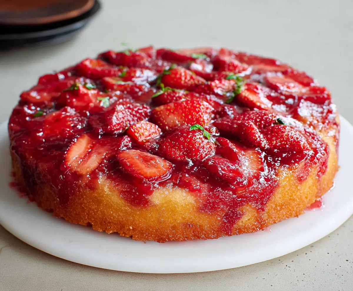 Delicious Strawberry Upside Down Cake with fresh strawberries and caramelized topping