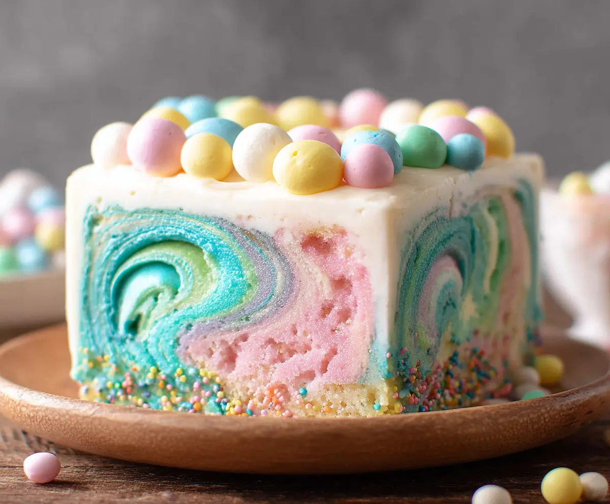 Delicious swirled Easter cake with colorful frosting and festive decorations.
