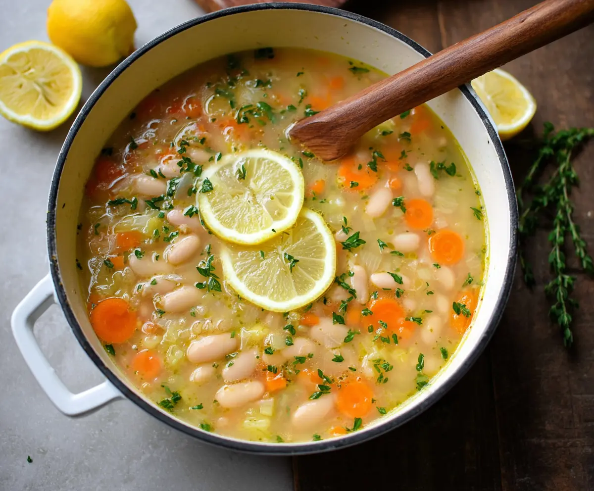 Delicious white bean and lemon soup served in a bowl, perfect for a healthy meal.