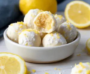 Delicious white chocolate lemon truffles garnished with lemon zest on a white plate