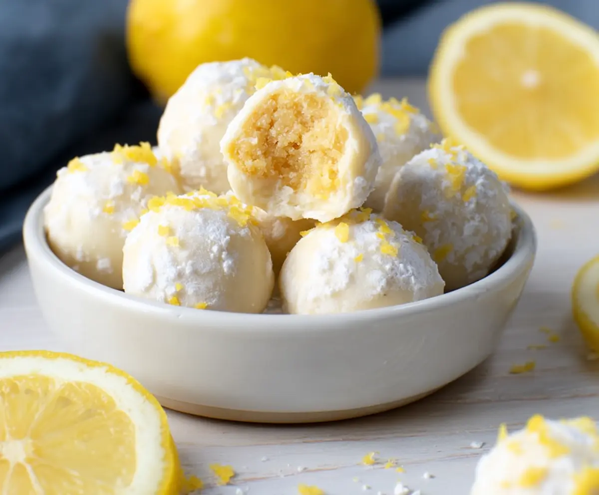 Delicious white chocolate lemon truffles garnished with lemon zest on a white plate