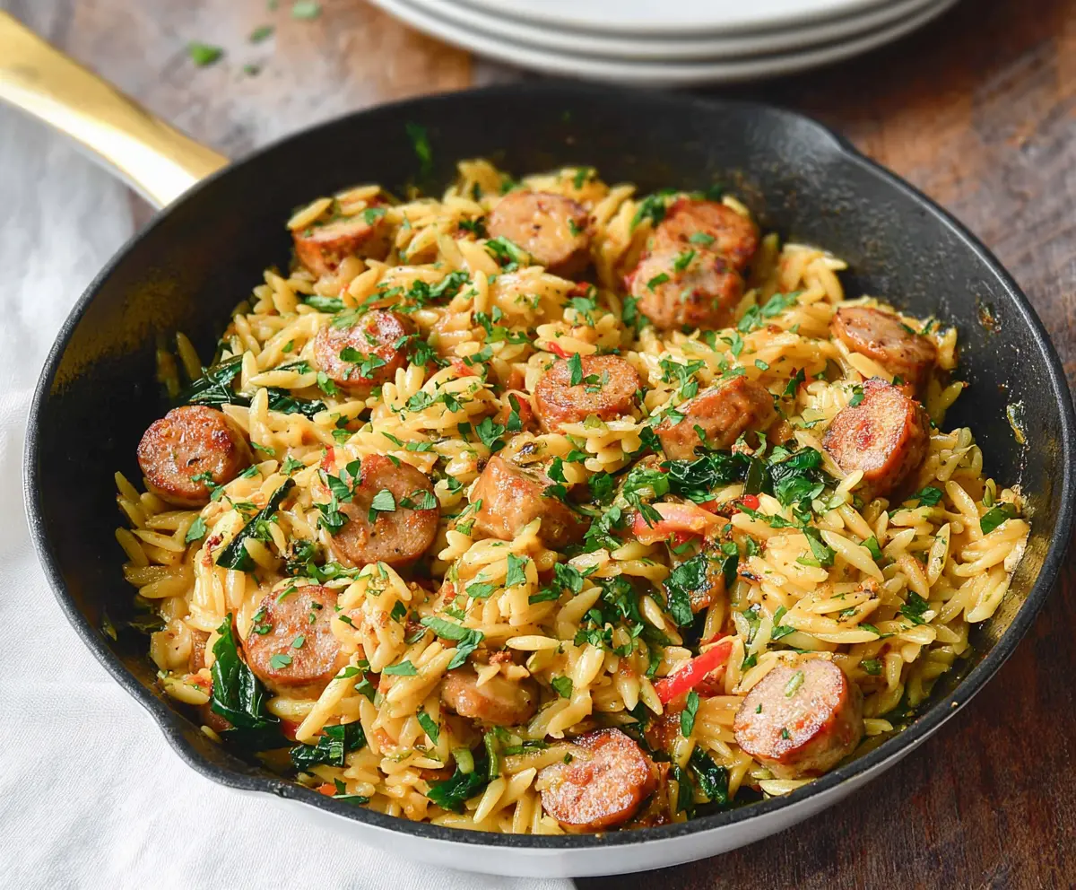 Delicious Chicken Sausage Orzo Skillet with fresh herbs and colorful vegetables