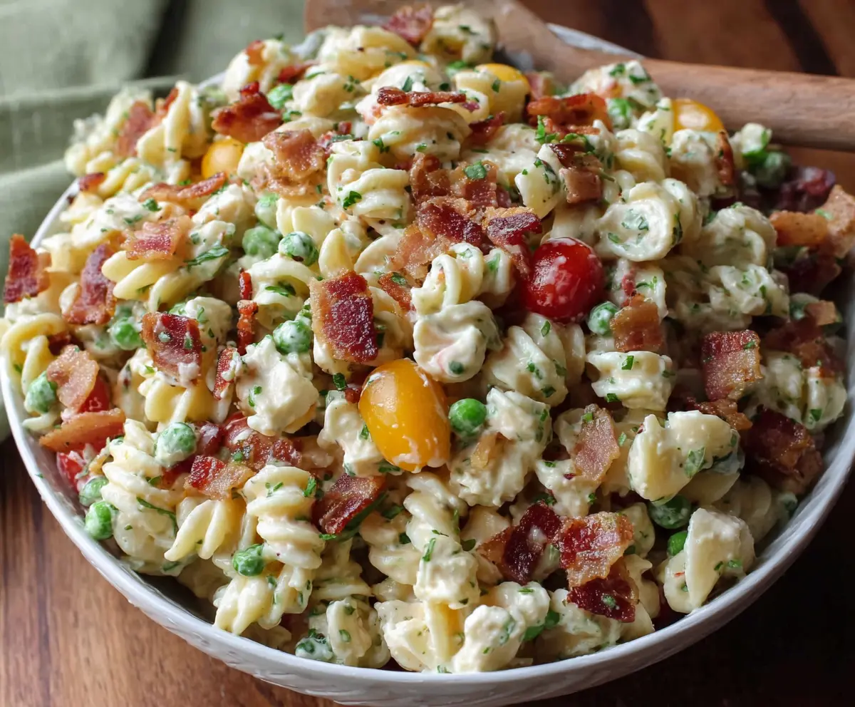 Fresh ranch pasta salad with crispy bacon and colorful vegetables, perfect for summer picnics.