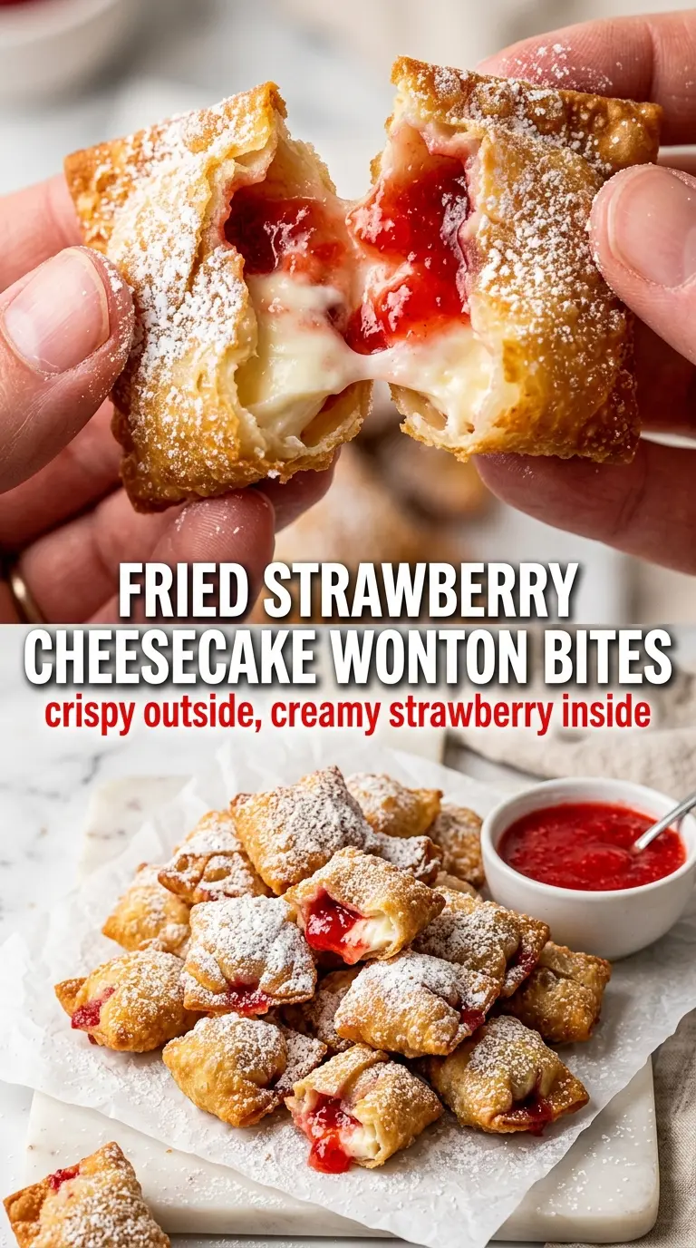 Fried Strawberry Cheesecake Wonton Bites crispy creamy strawberry dessert