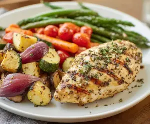 Delicious Lemon Herb Chicken served with colorful roasted vegetables on a plate.