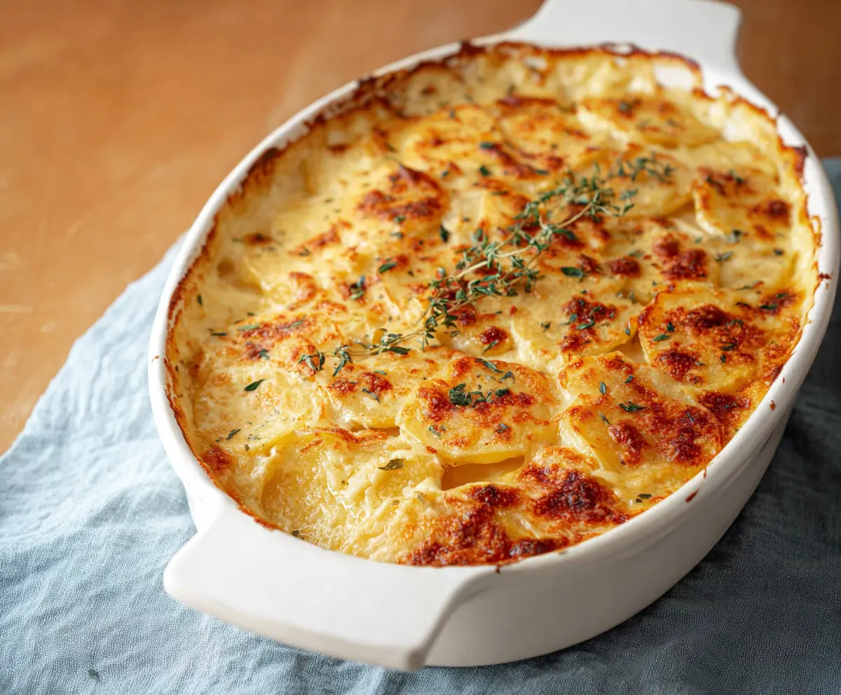 Creamy scalloped potatoes baked to perfection with golden cheese crust.