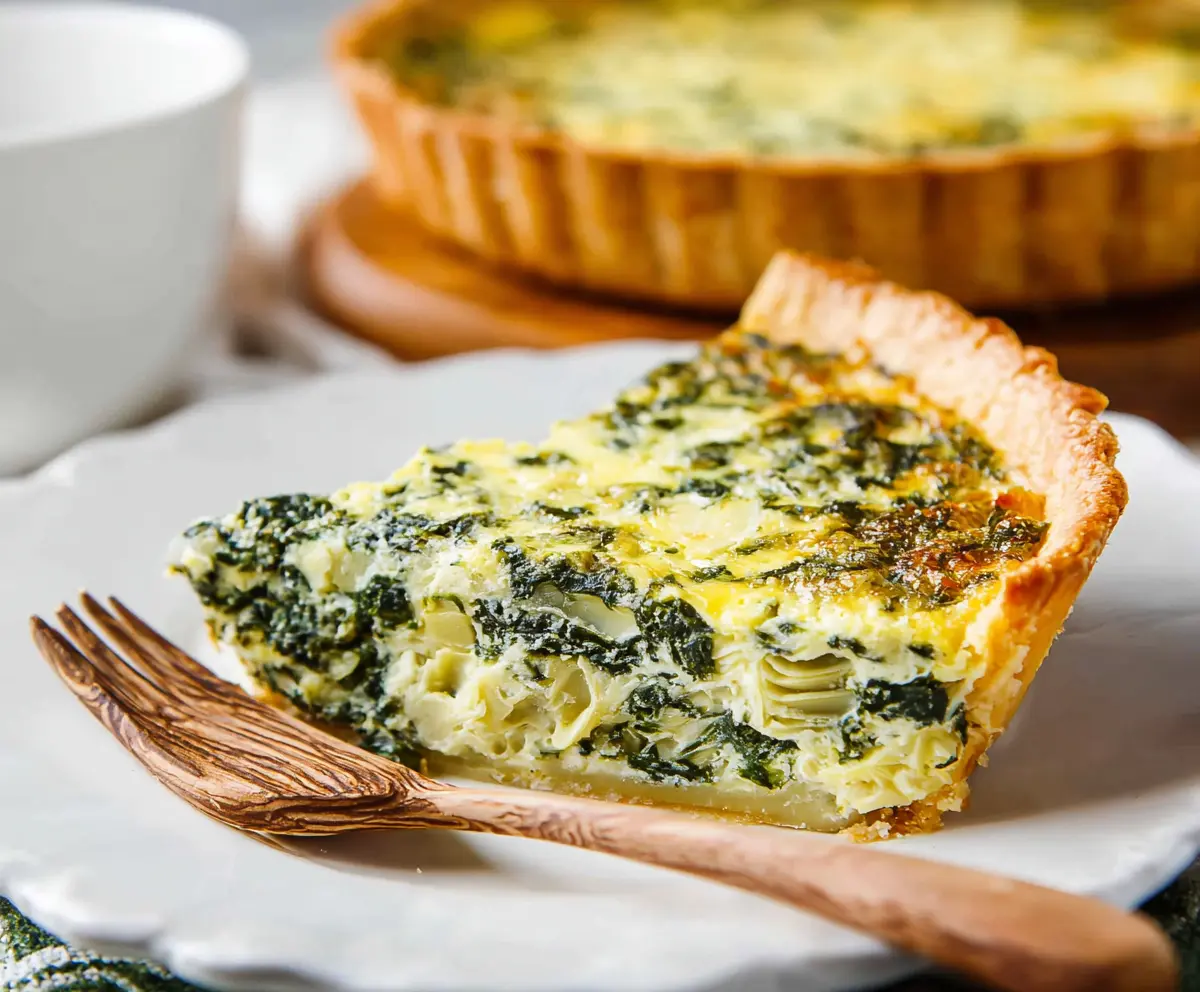 Delicious spinach and artichoke quiche served slice on a plate with a golden crust