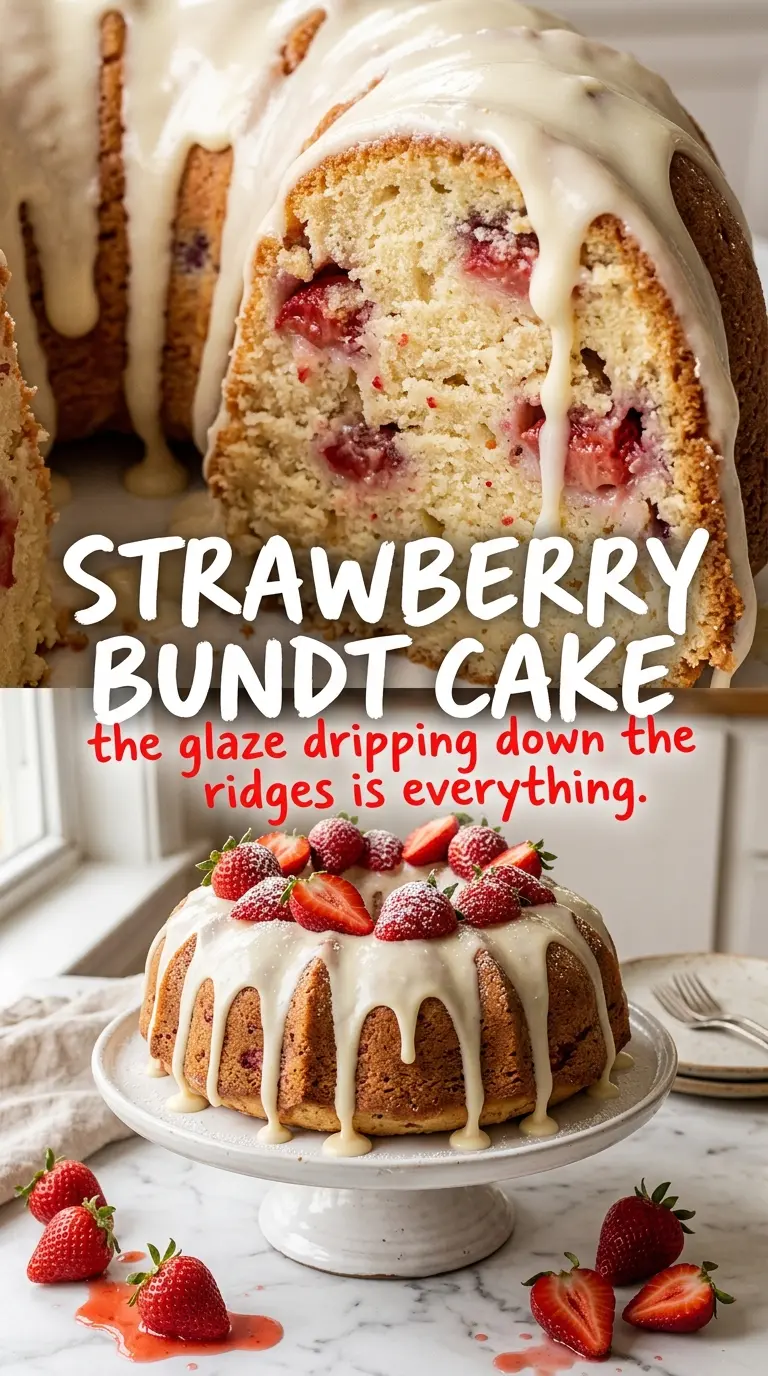 Strawberry Bundt Cake, glossy glaze, tender crumb