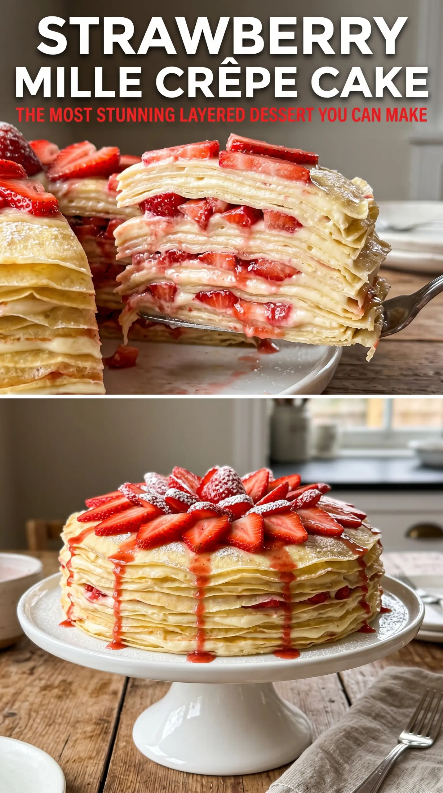 Strawberry Mille Cr eape Cake delicate layers, creamy filling, fresh berries