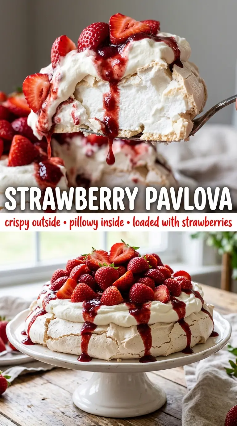 Strawberry Pavlova crisp meringue, whipped cream, fresh strawberries
