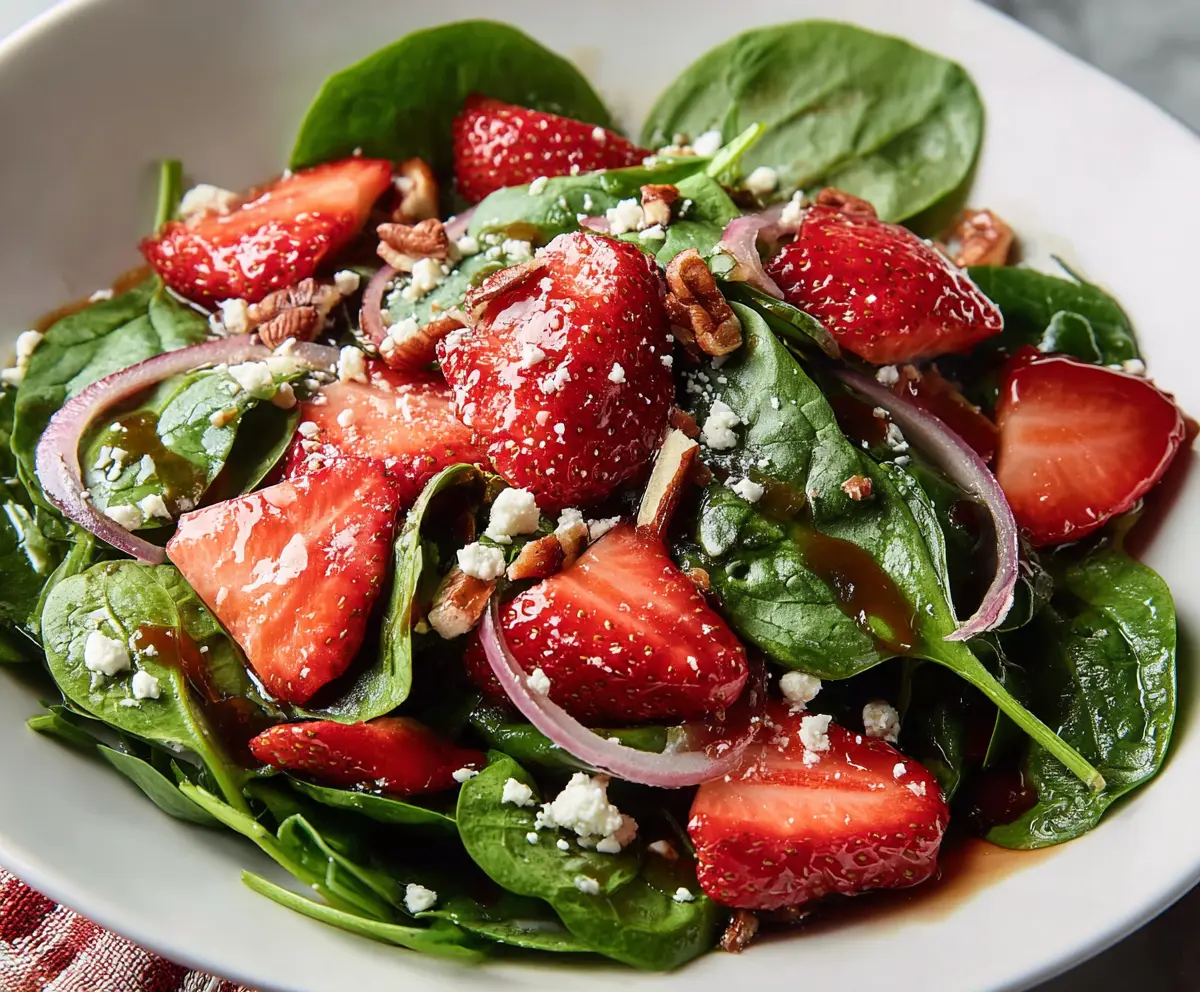 Fresh strawberry spinach salad with feta cheese and balsamic dressing, perfect for a healthy meal.