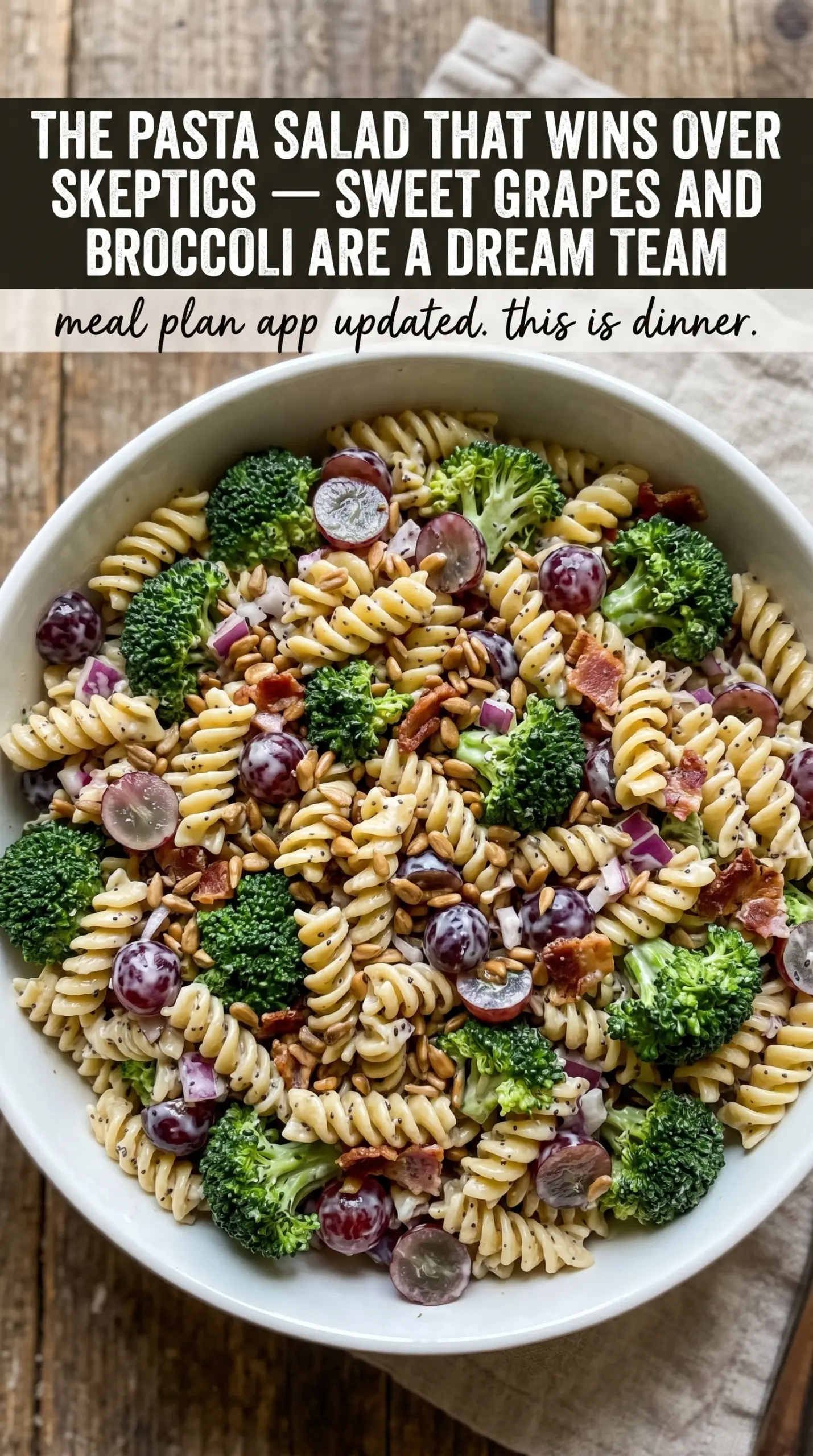Broccoli, grape, and pasta salad colorful creamy