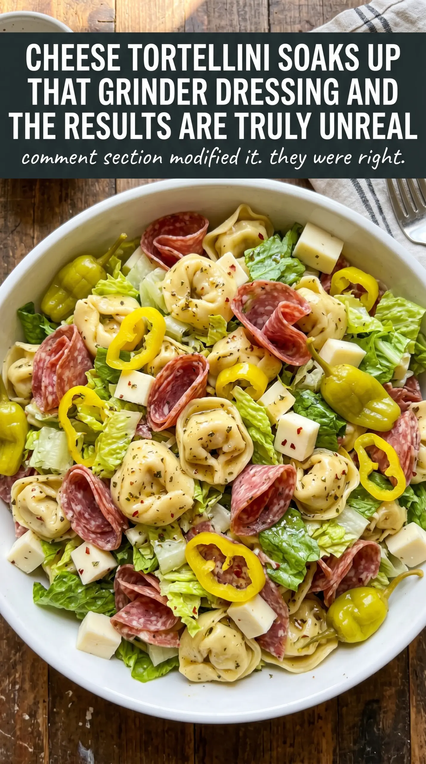 Italian Grinder Tortellini Salad with tortellini, deli meats, and banana peppers