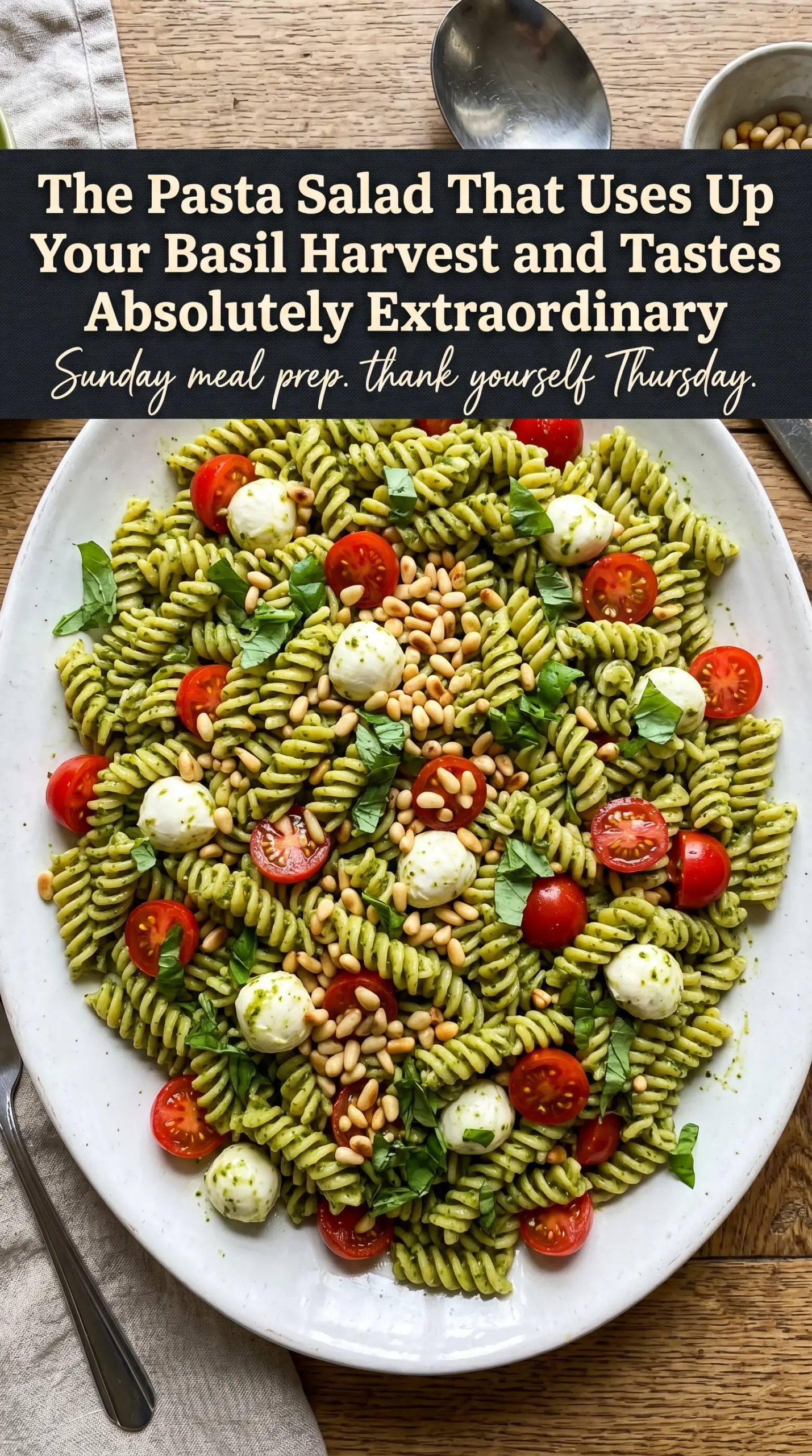 Pesto pasta salad vibrant basil tomatoes mozzarella