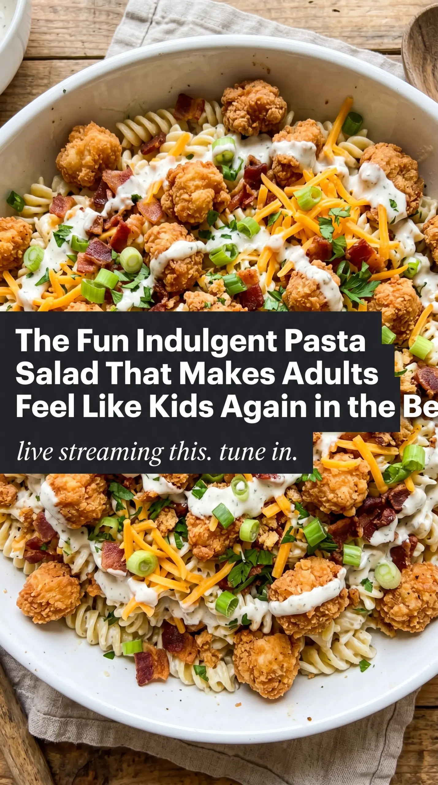 Popcorn Chicken Bacon Ranch Pasta Salad crispy creamy savory