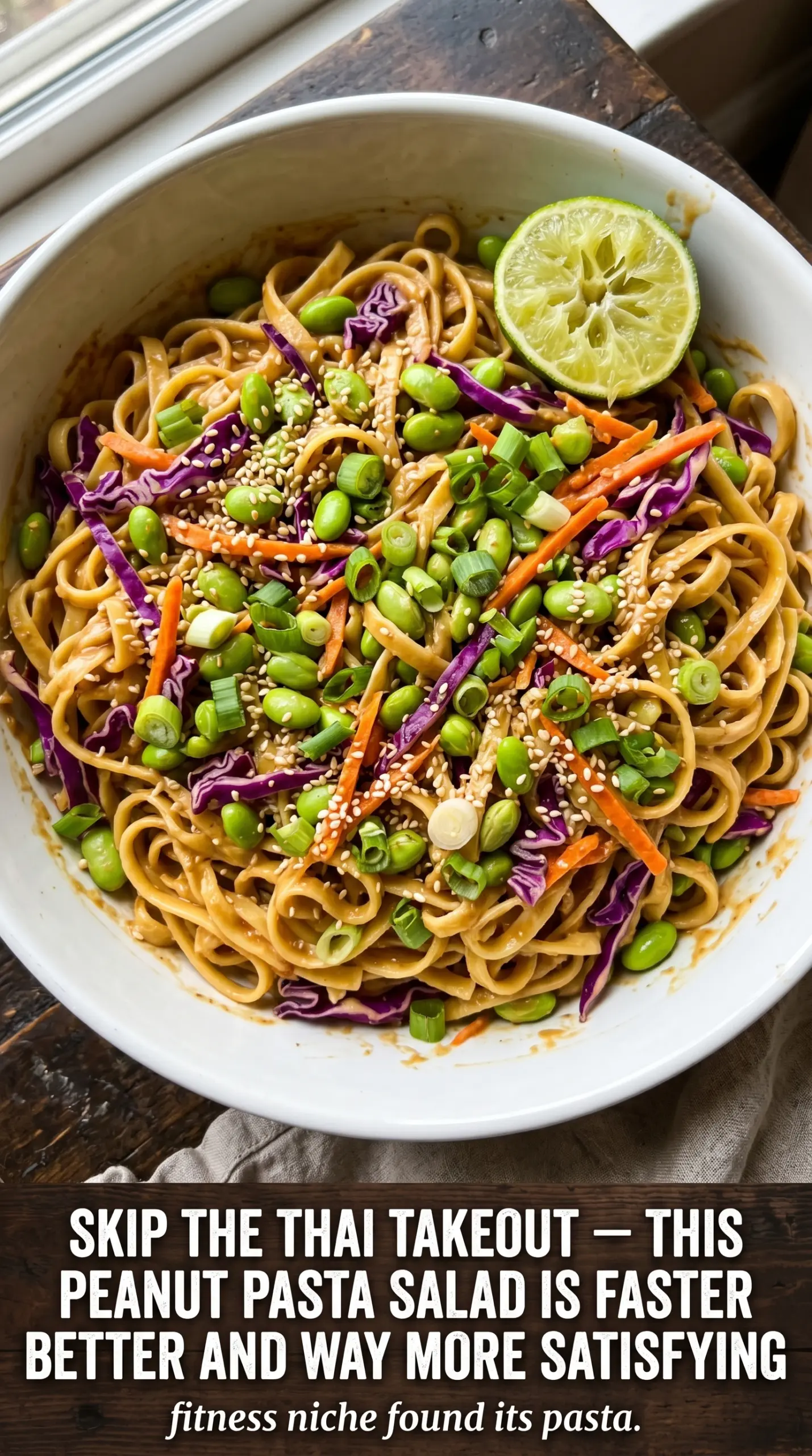 Protein Packed Thai Pasta Salad creamy peanut-ginger, colorful vegetables, topped with peanuts