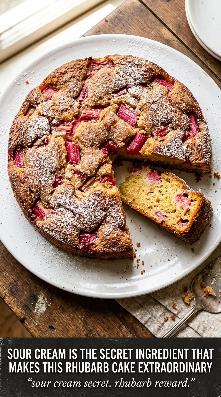 Moist tender rhubarb cake slice